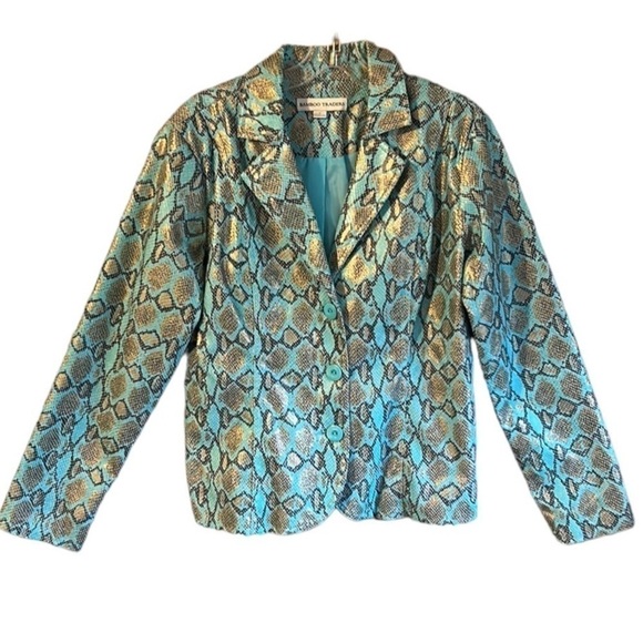 Bamboo Traders Faux Leather Jacket Turquoise Gold Metallic & Brown Snake Small - Picture 2 of 12